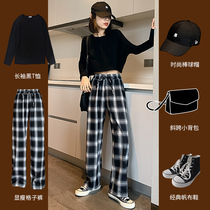 Black and white plaid pants children Spring and Autumn New High waist loose straight tube hanging net red casual pants summer wide leg trousers