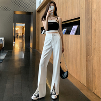 White wide leg pants womens summer thin loose straight high waist ice silk draped pants front split suit pants