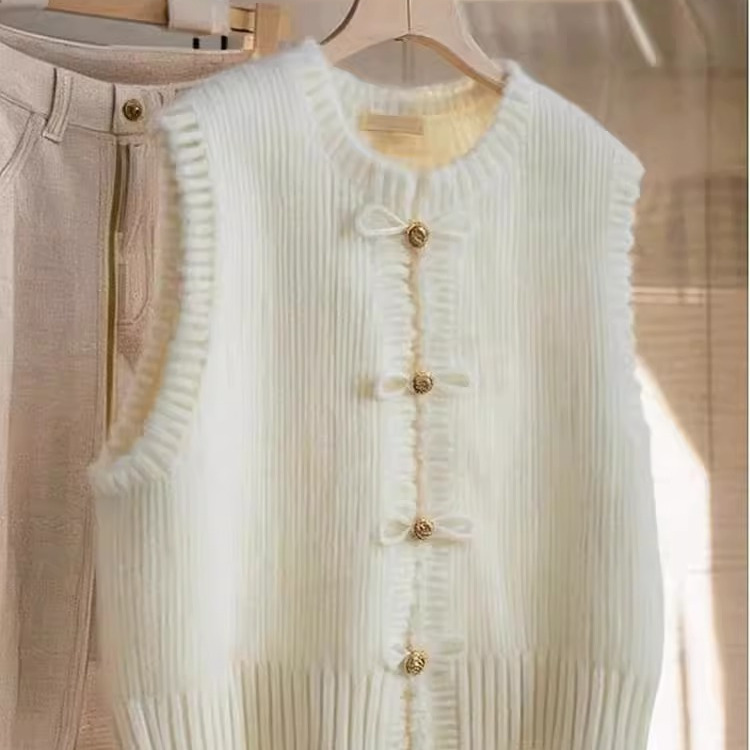 White Knitted Vest Sweater for Women 2025 New New Chinoiserie National Style Top Fashionable Waistcoat Soft Vest