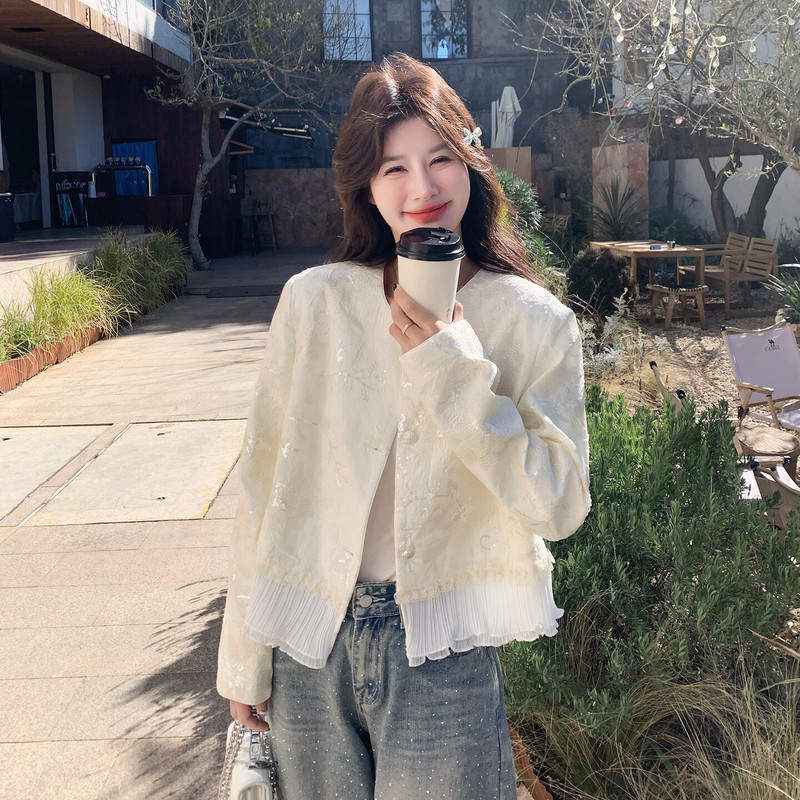 New Chinese-Style Short Jacket for Women, Early Spring New Model, White Sequin Patchwork Mesh Round-Neck Jacket for Petite Figures