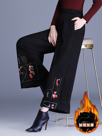 Fashionable Cotton Leggings for Women, Autumn and Winter 2025 New Style, Chinese Style, Fleece-Lined, Thickened, Suitable for Wearing Outside, Wide-Leg Pants for Mothers