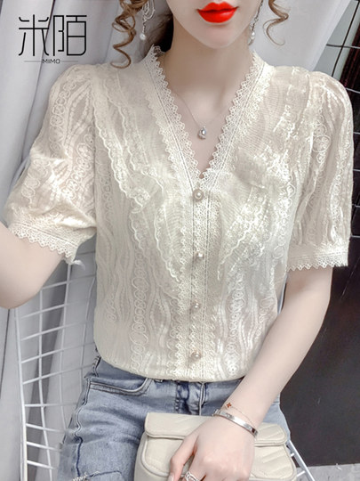 Summer Chiffon Blouse for Women 2025 New Style Elegant Short-Sleeve Lace Top Fashionable Chic Blouse Trendy