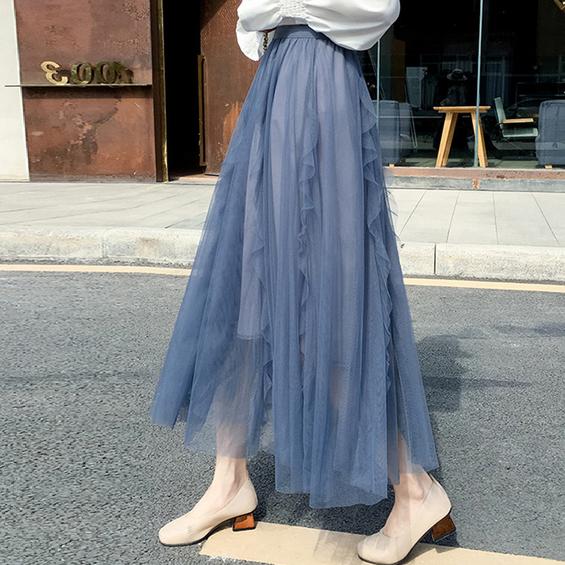Summer thin mesh skirt medium and long version a-line skirt women's spring 2021 new high-waisted pleated skirt