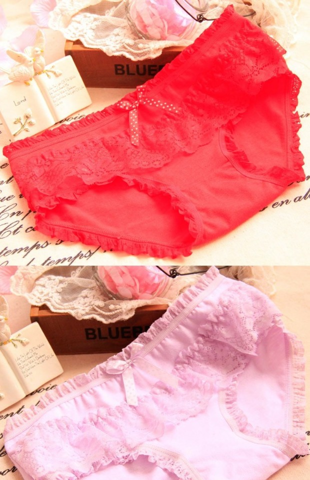 Candy Lace Bow Cotton dễ thương Đồ lót nữ quần lót lọt khe xuyên thấu