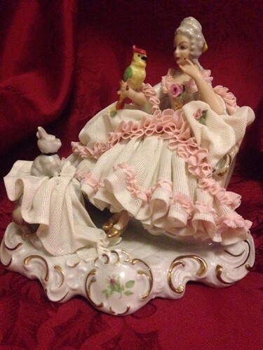 Booked German Dresden lace porcelain occasionally lady with parrot and dog 1950s-1960s