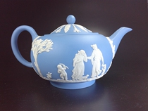British Wedgwood teapot inside glazed blue Beyjade embossed Greek mythical series reservee