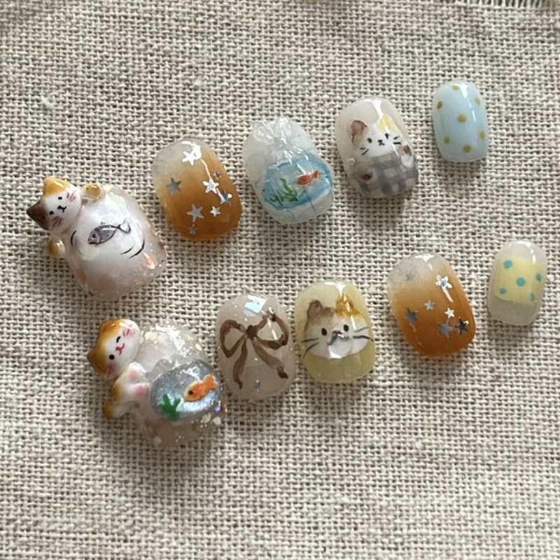 Korean-Style Cute Cat and Fish Short Press-On Nails 2026 New High-End Short Finished Nail Stickers Korean-Style Cute Cat and Fish Short Press-On Nails 2026 New High-End Short Finished Nail Stickers