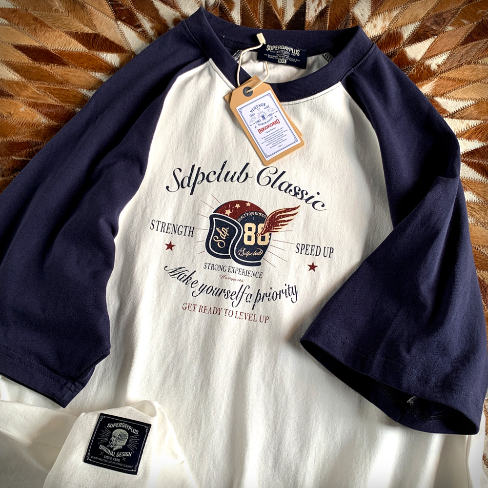 アメリカンレトロTシャツメンズ半袖夏クリエイティブプリントラウンドネックルーズファッションラグランスリーブカラーマッチングカジュアルトップス