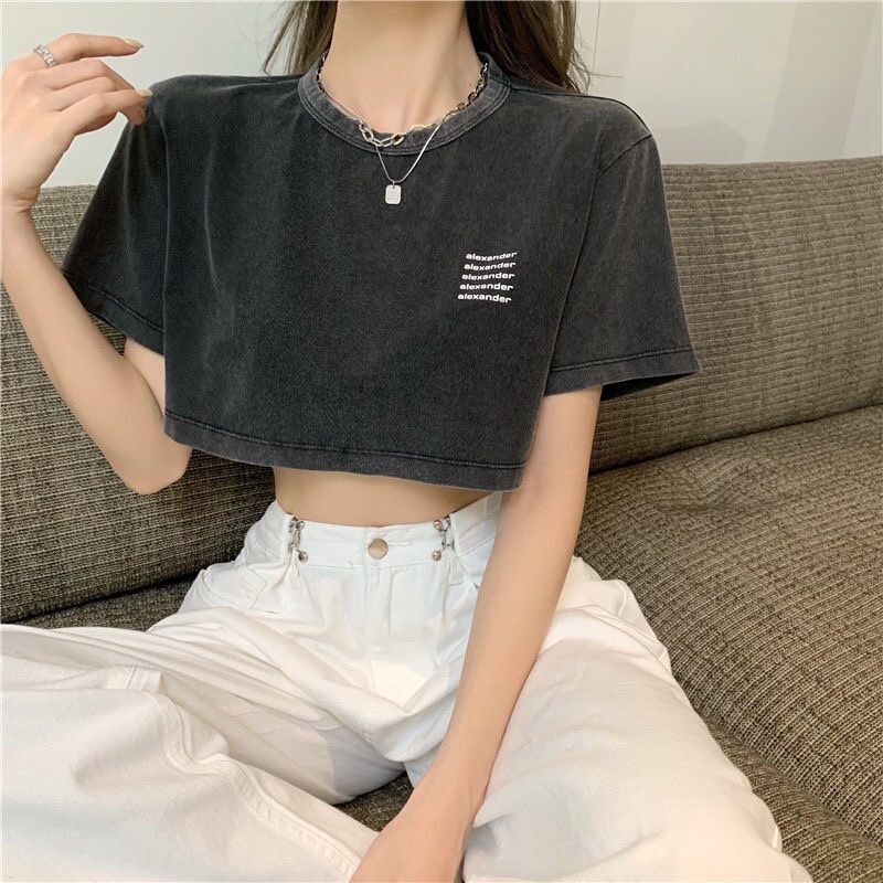 2026 Summer New Letter Print Distressed Loose Short-Sleeve T-Shirt for Women, Ultra-Short Hot Girl Outfit, Crop Top