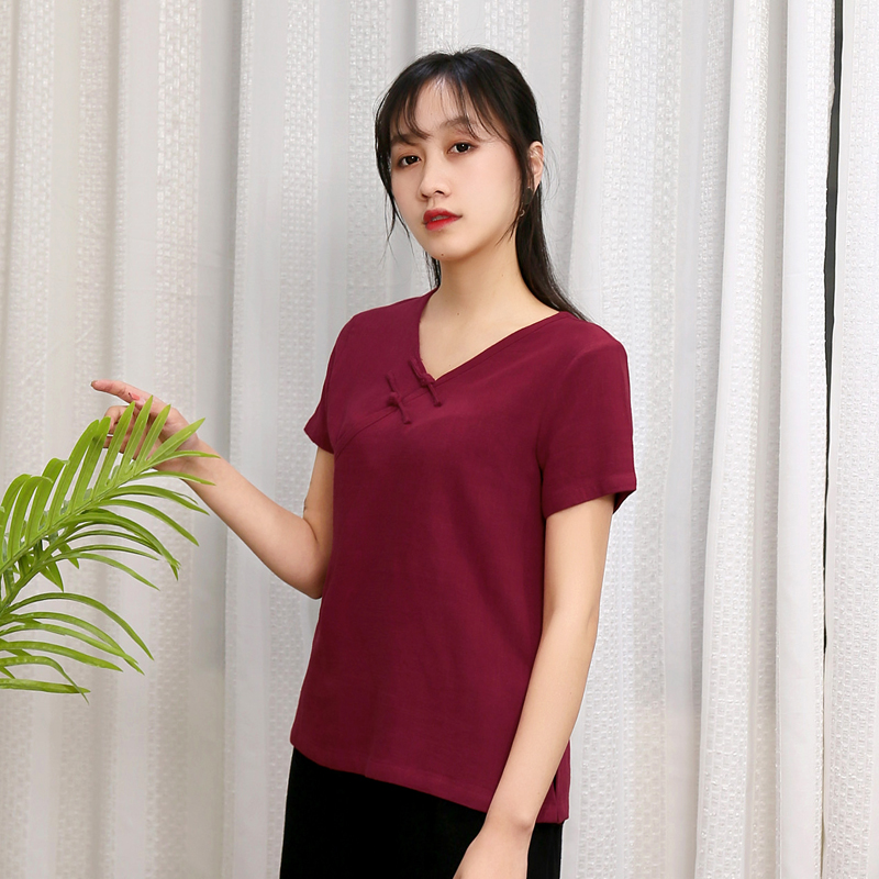 Summer Vintage khóa top nữ Trung Quốc người đàn ông phù hợp với gió đầu bông và Trung Quốc Tang váy lỏng ngắn tay mặc Zen của phụ nữ