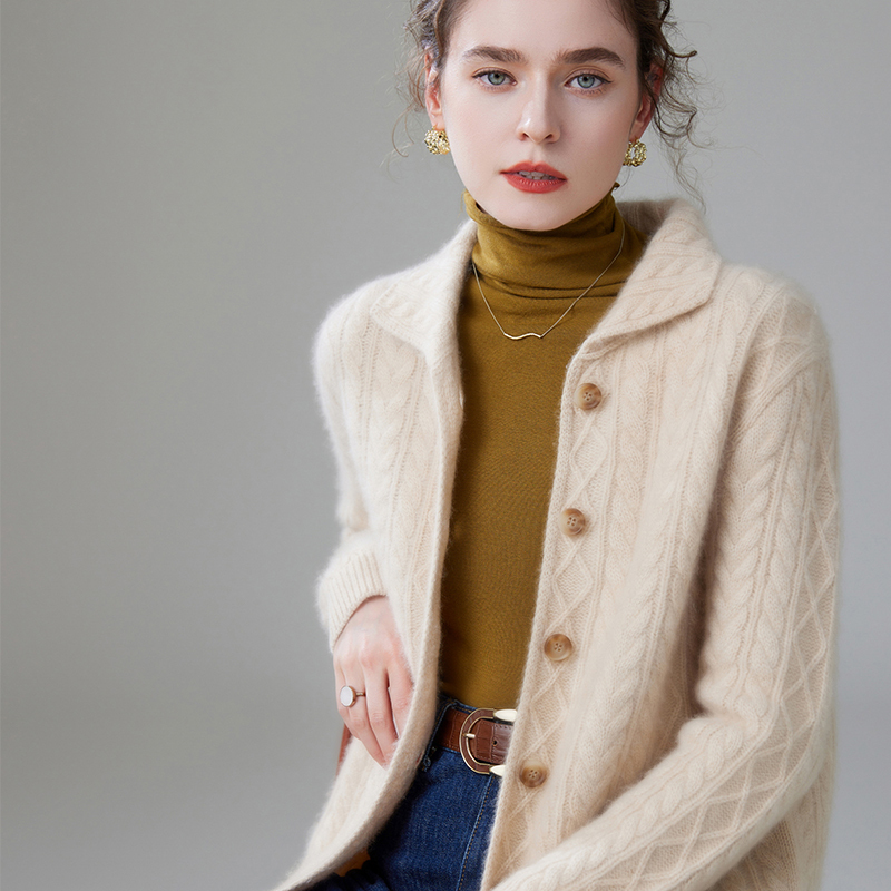 2025 Autumn/Winter Lapel Buttoned Heavy Thickened Cashmere Cardigan Women's Solid Color Sweater Coat Warm Knitwear