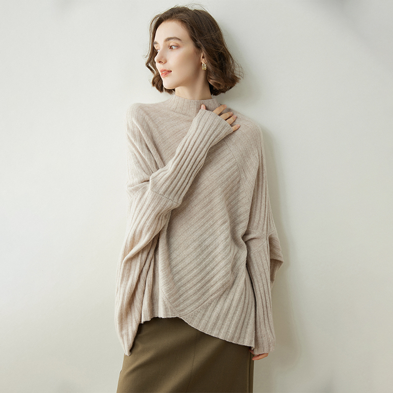 Loose and Lazy Batwing Sleeve Cashmere Sweater for Women, Fashionable Sweater, Autumn and Winter Half-High Collar Knitted Cape Blouse