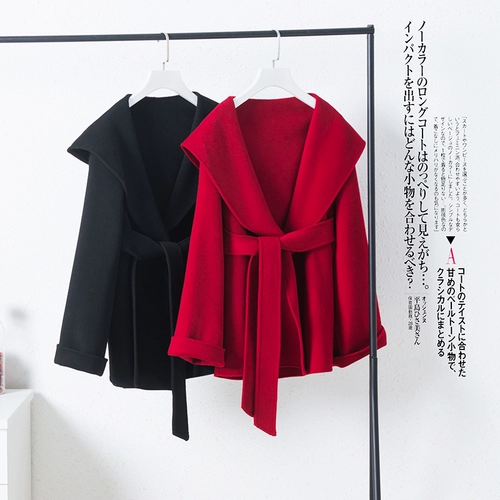 Короткое двусторонное шерстяное демисезонное кашемировое шерстяное пальто с капюшоном, подходит для подростков, увеличенная толщина