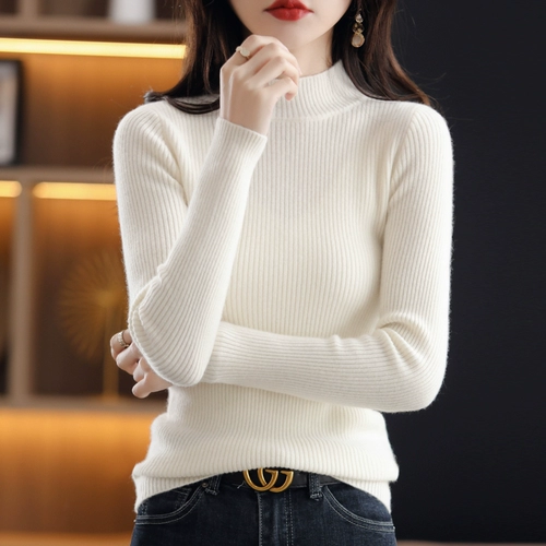 Демисезонный шерстяной трикотажный короткий кашемировый базовый приятный телу свитер, в обтяжку, высокий воротник