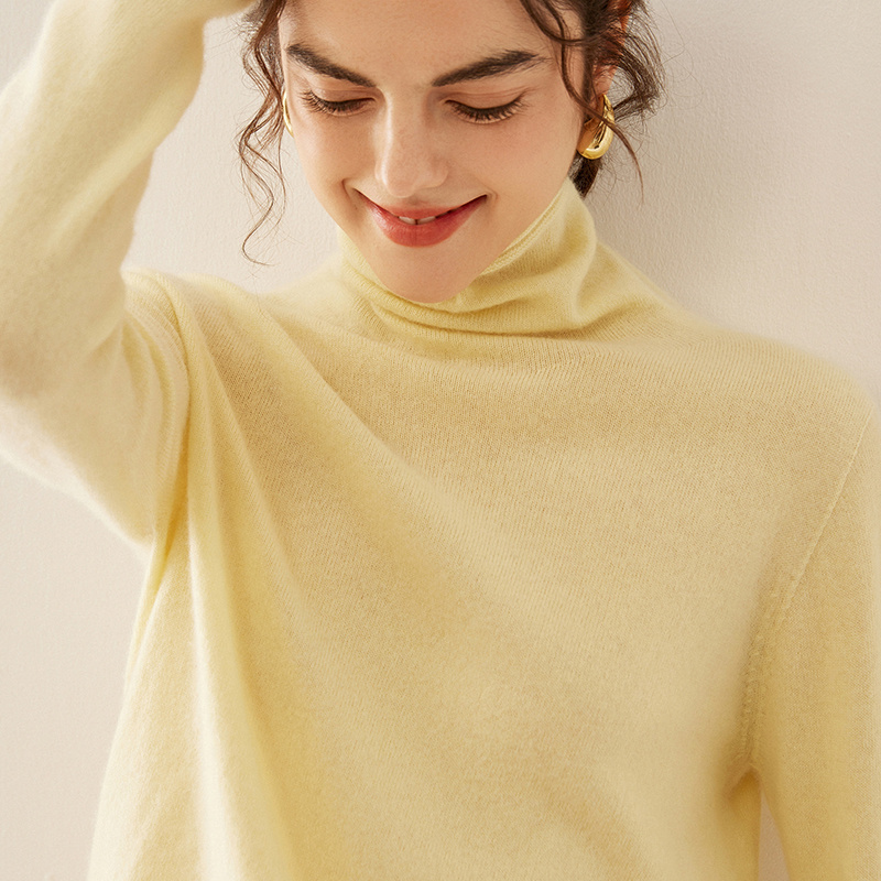 Seamless Luxury Cashmere Sweater for Women, Versatile Pullover with a Stacked Collar, Yellow Knit Top for Autumn and Winter, Solid Color Inner Layer for Spring