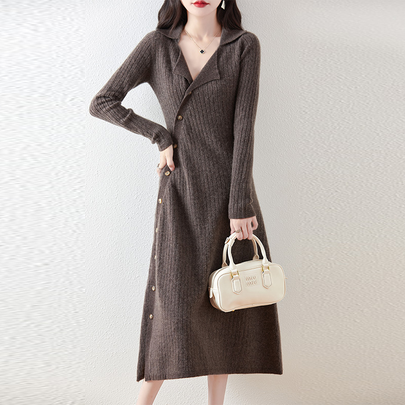 Fashion Pullover ~ Long V-Neck Diagonal Placket Pure Wool Sweater Dress for Women, Soft Autumn and Winter Knitted Base Dress