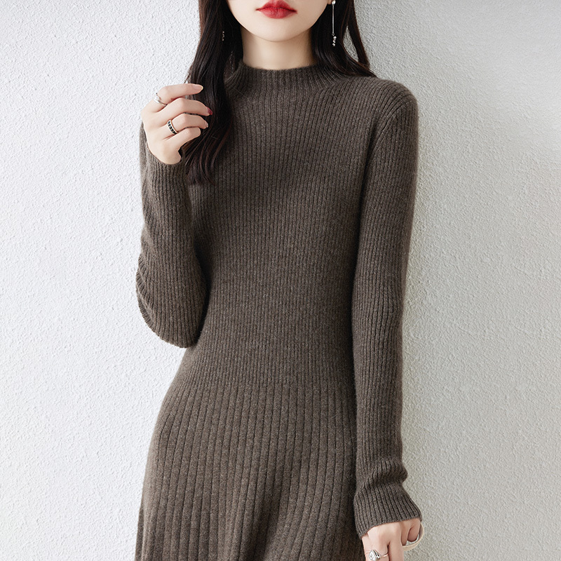 Slim Fit~ Long 100% Pure Wool Sweater for Women, Autumn and Winter Knitted Base Dress, Black and Gray Long Dress