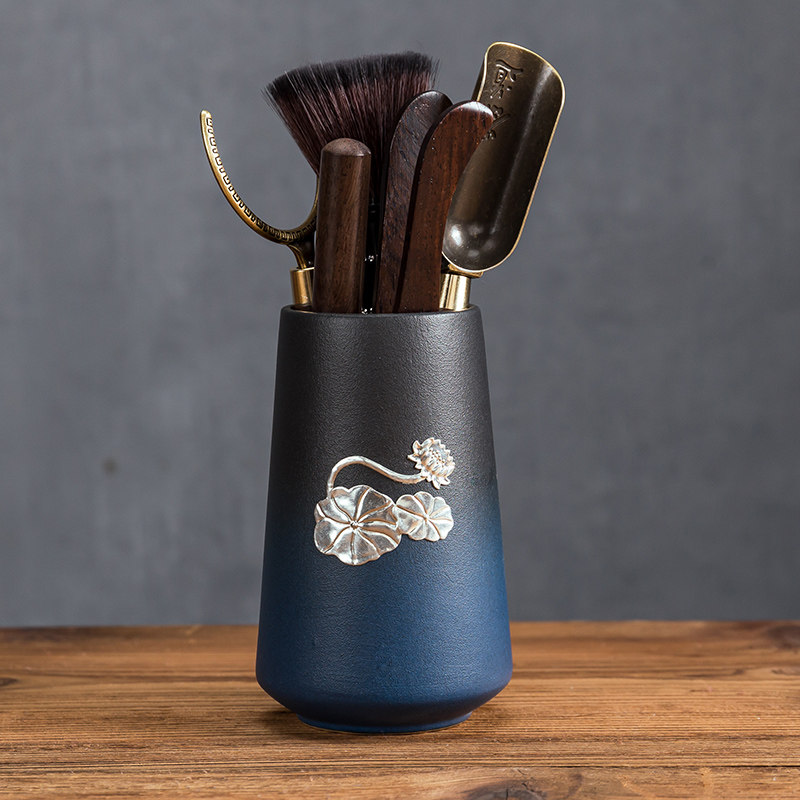 Tea ceremony six gentleman set Ceramic black sandalwood household solid wood metal Gongfu tea accessories storage cylinder six-piece set