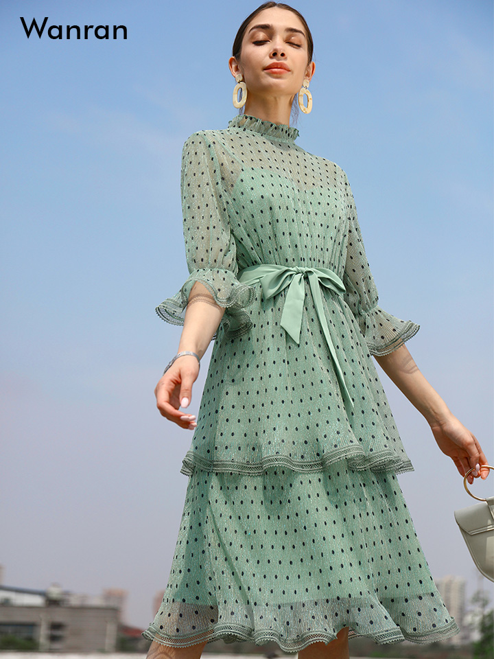 Wizard Of Oz & In Stockavocado green 2021 summer new pattern Bright silk Cake skirt perspective Lace fairy Dress Self cultivation Women's wear longuette
