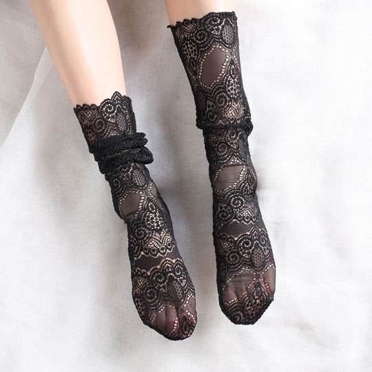 Black Lace Socks Women's Lace Japanese Style Mid-Calf Socks Sexy Korean Cute Long Pile Socks Mesh Thin Trendy Socks