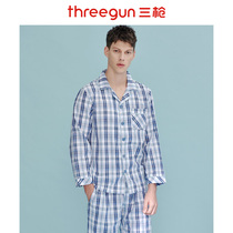 Three shots Spring and Autumn Home clothing mens mercerized cotton plaid lapel long sleeve trousers pajamas set casual living clothes