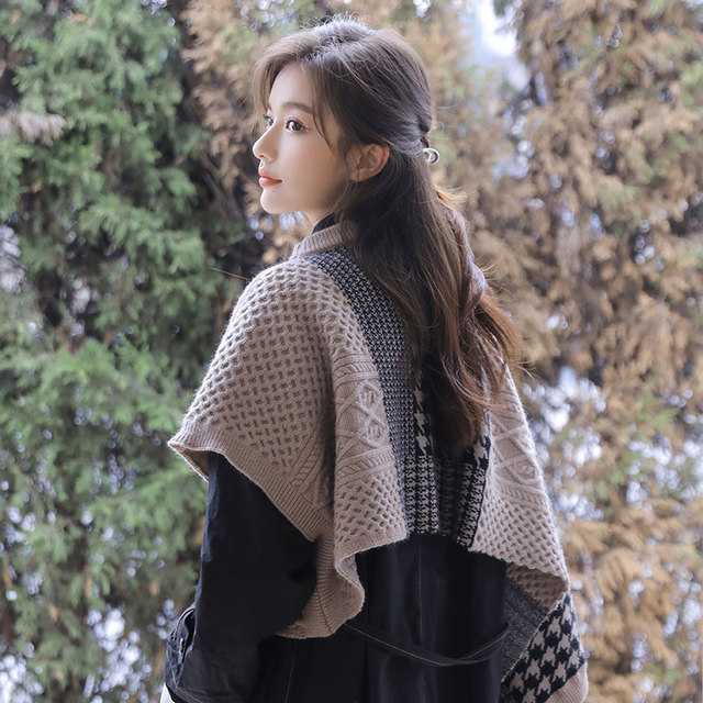 Shawl Cape Women's Autumn and Winter Knitted Slit Round Neck Cape Retro Versatile Warm Houndstooth Pullover Sweater