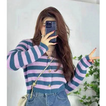 Snore big code Women in style Style Flip collar Coloured striped Knitted Sweatshirt Woman spring Fat mm Temperament Slim Fit 100 Hitch Blouse