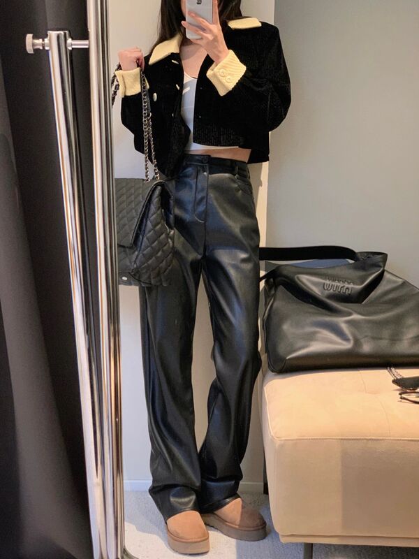 Plus Size Black Leather Pants for Women 2026 New Straight-Leg Slimming Casual Pants Pu Leather Stylish Loose Wide-Leg Pants