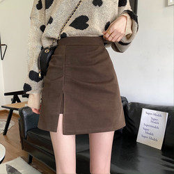 Plus-Size Woolen Skirt for Women, Spring and Autumn, Slit A-Line Skirt, Slimming High-Waisted Pleated Bodycon Mini Skirt