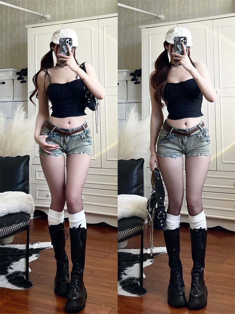 <!--y2k千禧风翘臀热裤女欧美式大码辣妹低腰紧身显瘦a字牛仔超短裤夏-->