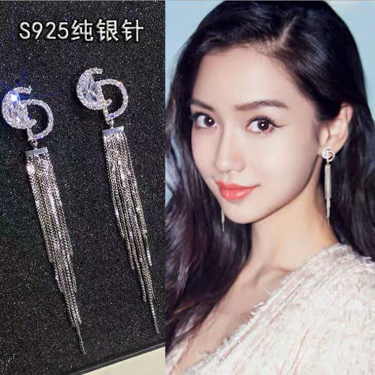 Star with rhinestone long earrings Korean 925 silver needle personality letter tassel earrings female hypoallergenic earrings