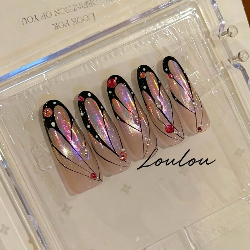 Cyber Butterfly Alien-Shaped Nail Art Wearable Nails Black Pink Gradient Rhinestone Decoration Design Nail Stickers Cyber Butterfly Alien-Shaped Nail Art Wearable Nails Black Pink Gradient Rhinestone Decoration Design Nail Stickers