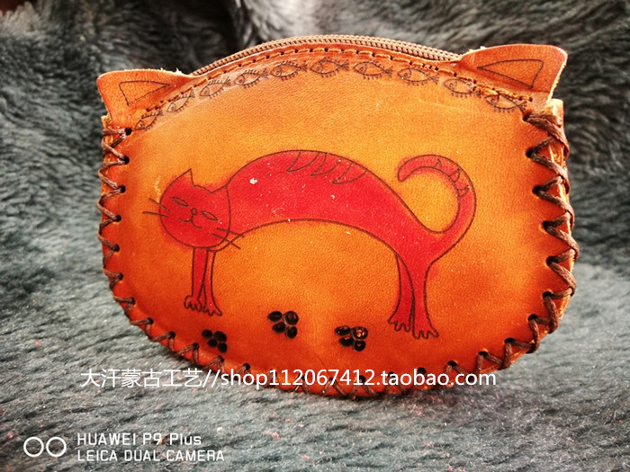 Cartoon bag wallet coin purse ladies bag pure cowhide color print wallet Mongolian element handicrafts