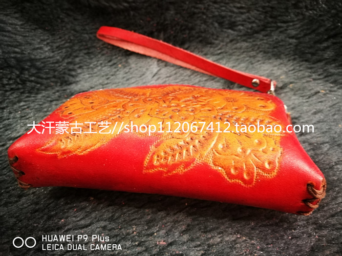 Mongolian Element Zero Wallet Sculpture Flower Crafts Mongolian Printed Pattern Pure Cow Leather Lady Wallet Hand Grip Bag