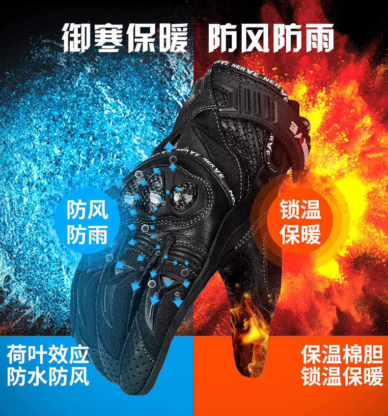 Găng tay da NERVE mùa xuân và mùa hè đầu máy xe máy bằng sợi carbon ấm áp cưỡi ngoài đường bốn mùa - Xe máy Rider thiết bị găng tay chạy xe máy