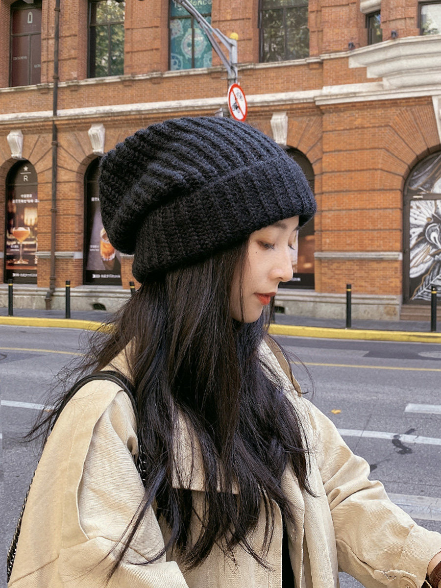Oversized version! Hairy hat women autumn and winter warm ear hat casual hundred knitted hat loose pile hat