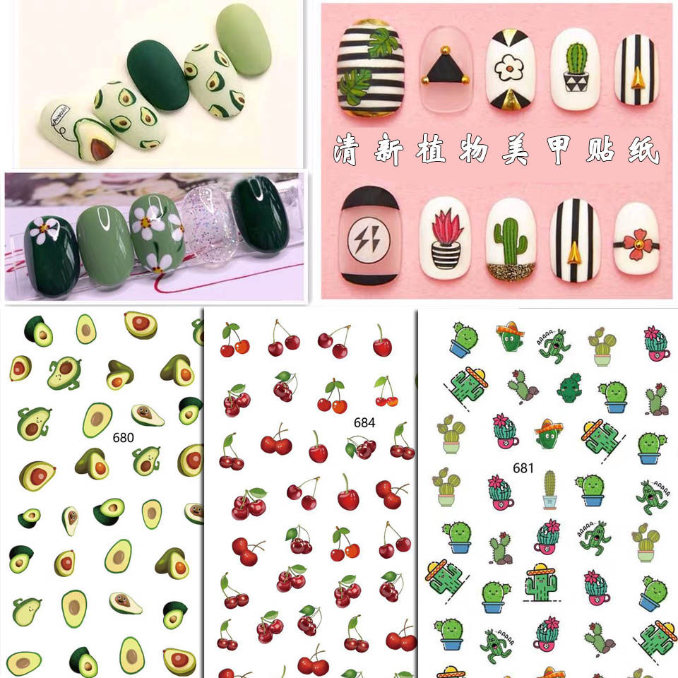 New small fresh plant manicure stickers avocado big cherry cactus manicure nails decals ornaments stickers