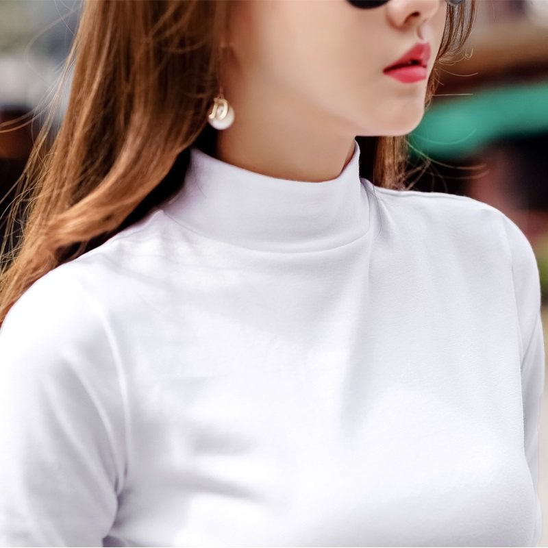 Spring autumn and winter Han Fan pure cotton beating undershirt woman long sleeve half high collar in pure white inner lap T-shirt with high collar black-Taobao