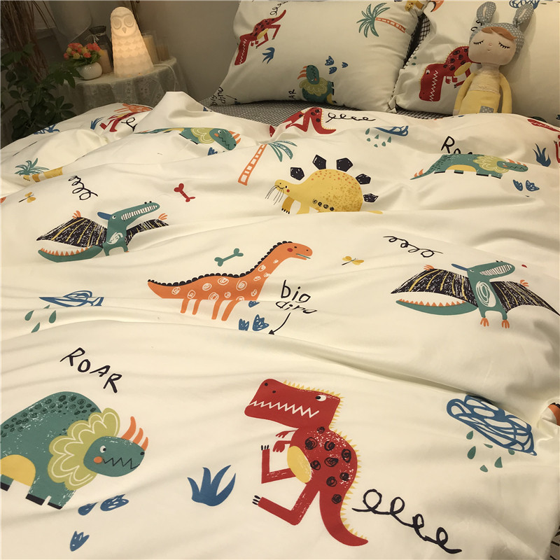 ins cartoon little dinosaur four-piece set cotton cotton 1 5m boy gray plaid single quilt cover Nordic simplicity