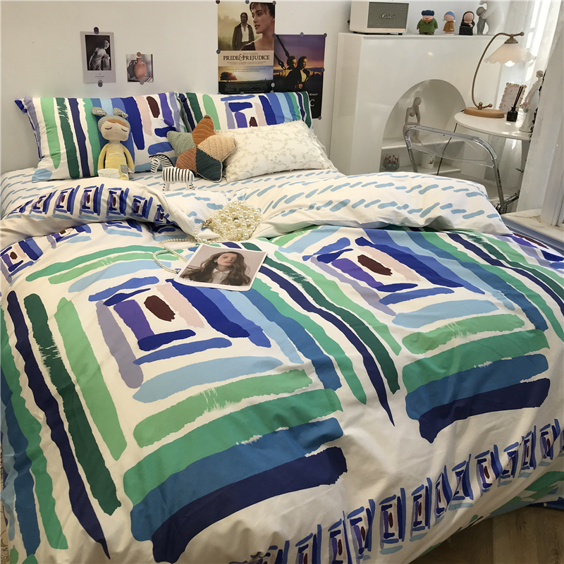 ins Nordic minimalist writing in mind folk bed four pieces of full cotton pure cotton quilt cover 1 5m1 8 m Three sets sheets