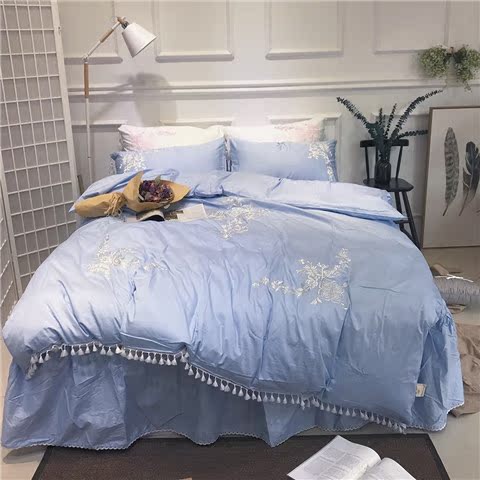 Bông satin giường thêu váy một gia đình bốn Hàn Quốc công chúa gió bông hồng giường lanh 1.5m1.8 - Bộ đồ giường bốn mảnh chăn ga khách sạn