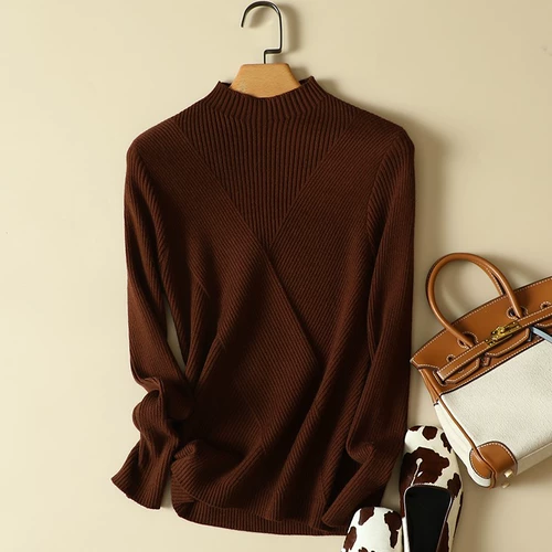 Демисезонный короткий свитер, лонгслив, приталенные трикотажные нарукавники, коллекция 2023, высокий воротник