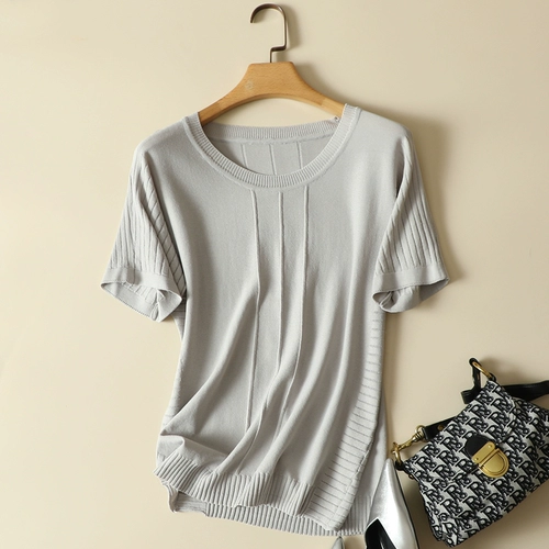 Трикотажный свитер, весенняя летняя синяя приятная телу футболка, круглый воротник, 2024 года, свободный крой