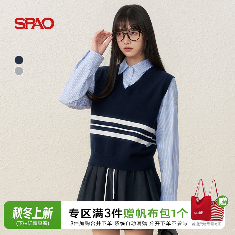Spao Korean Retro Color-Block Striped Knitted Vest for Women 2026 Autumn and Winter New Style Layered Slimming Sweater Vest Zz Spao Korean Retro Color-Block Striped Knitted Vest for Women 2026 Autumn and Winter New Style Layered Slimming Sweater Vest Zz