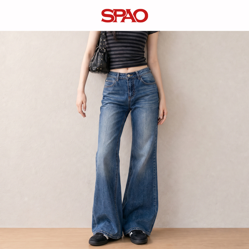 Spao Linen Flared Jeans for Women 2026 New Autumn High-Waisted Versatile Loose Fit Non-Tight Flared Pants Mh