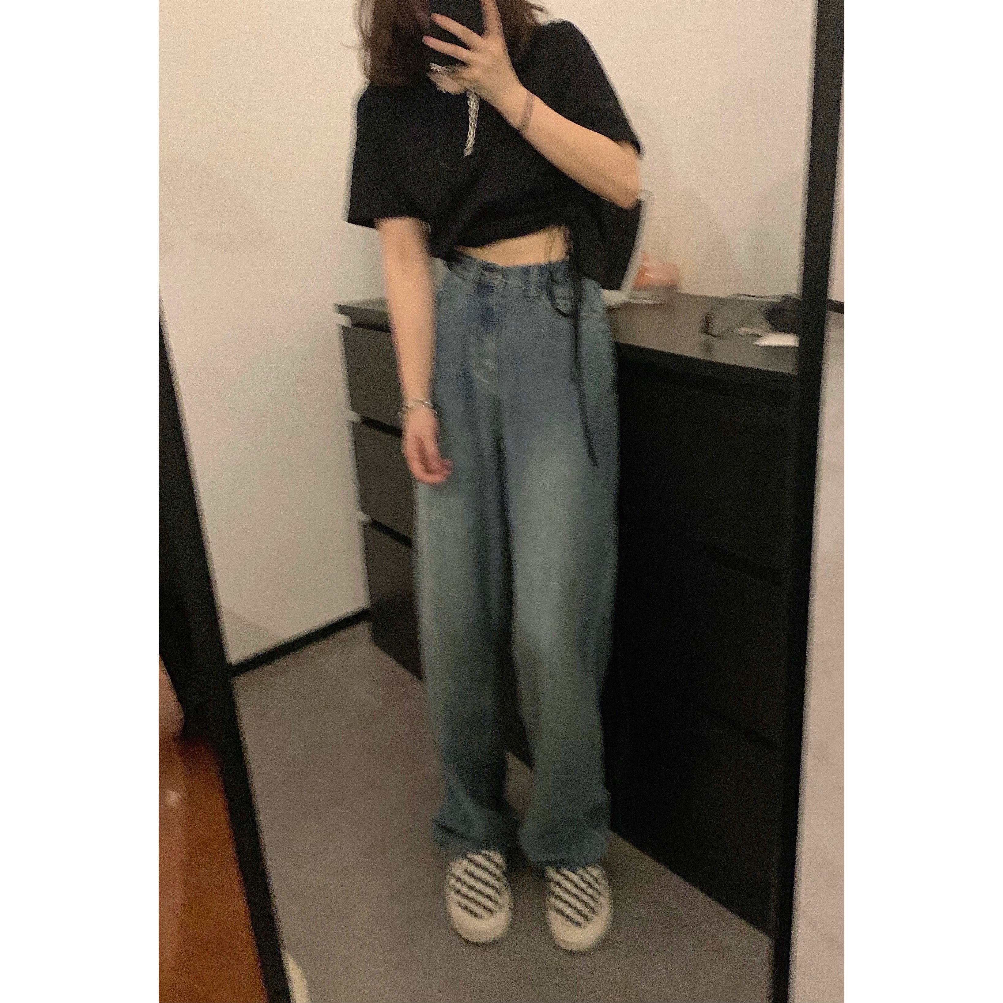 viiwen fashionable retro blue is very good-looking, washed, lazy, straight, thin, wide-legged, high-waisted jeans for women