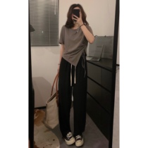 viiwen is well dressed in irregular short cut A4 waist fork pure coloured round collar drawn short sleeve T-shirt