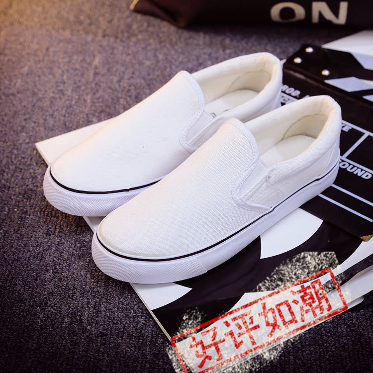 New Style Unisex Couple Large Size Black and White Solid Color Student Canvas Slip-On Hand-Painted White Shoes Work Shoes