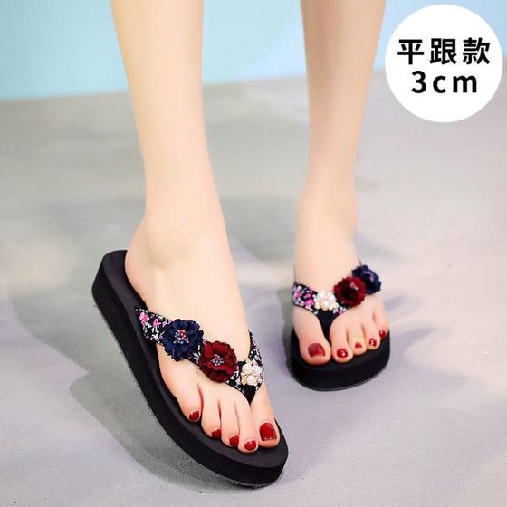 2019夏季新款花朵女士人字拖防滑厚底凉拖鞋外穿度假海边沙滩鞋
