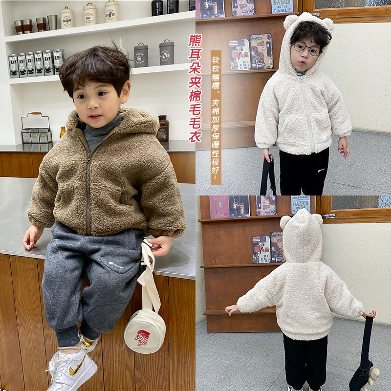 Cute and cute children's clothing boys' cotton coat baby lamb velvet warm plus velvet winter clothing foreign style children's thick top